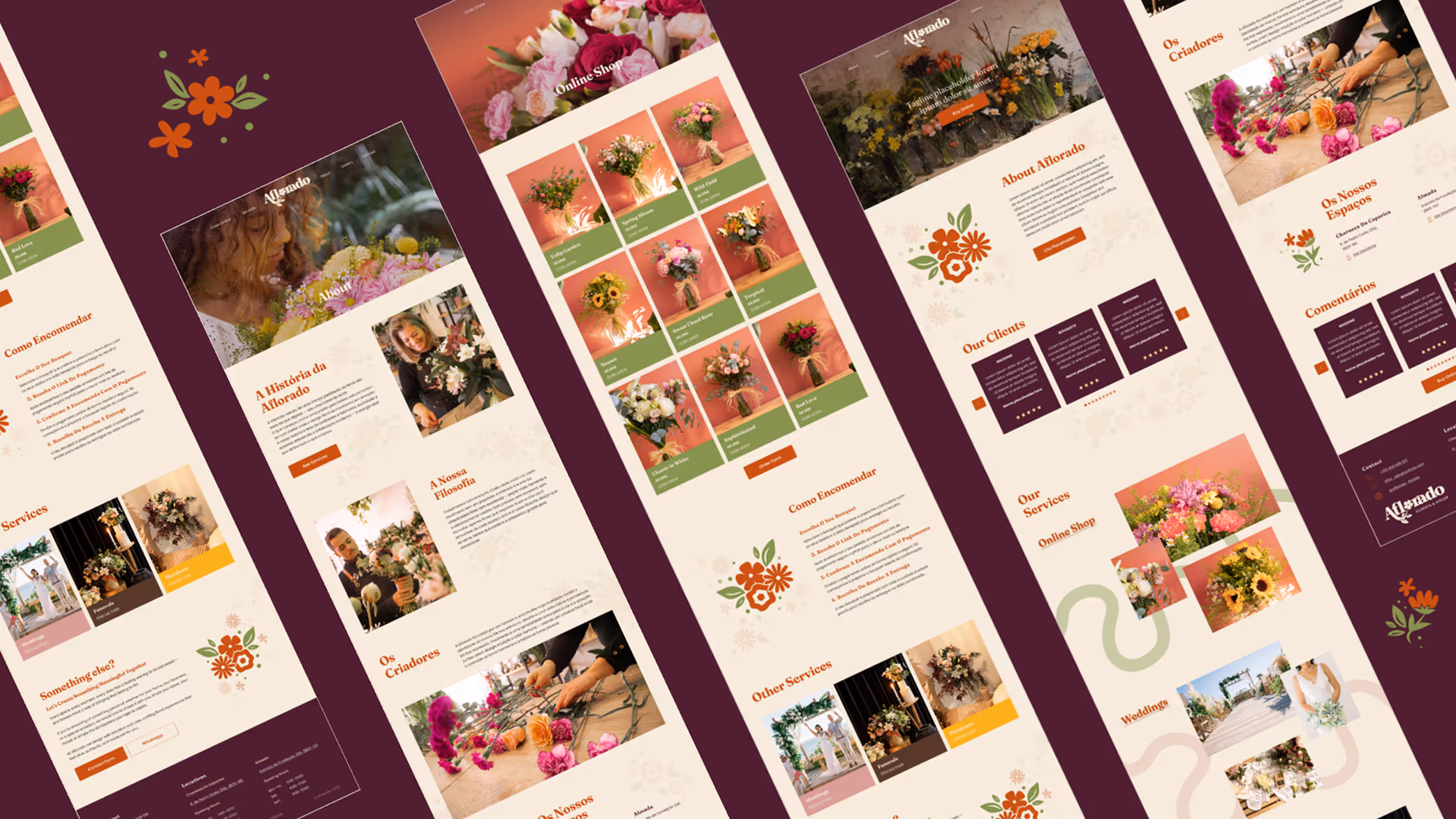 Website design mockups for Aflorado florist featuring flower bouquet images, service sections, and a warm color palette of orange, green, and cream.