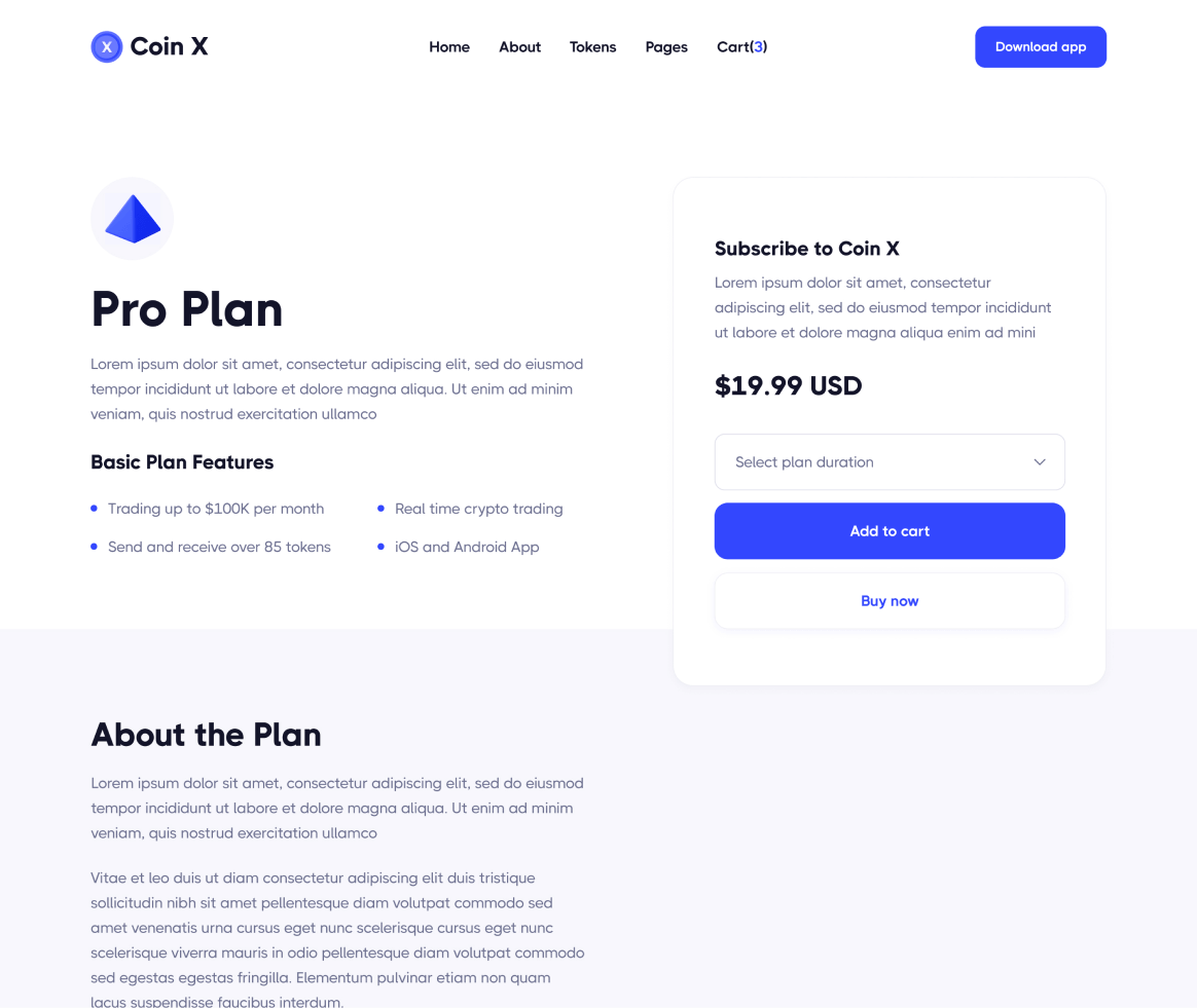 Coin X - Pricing Single page - Crypto Startup Webflow Template
