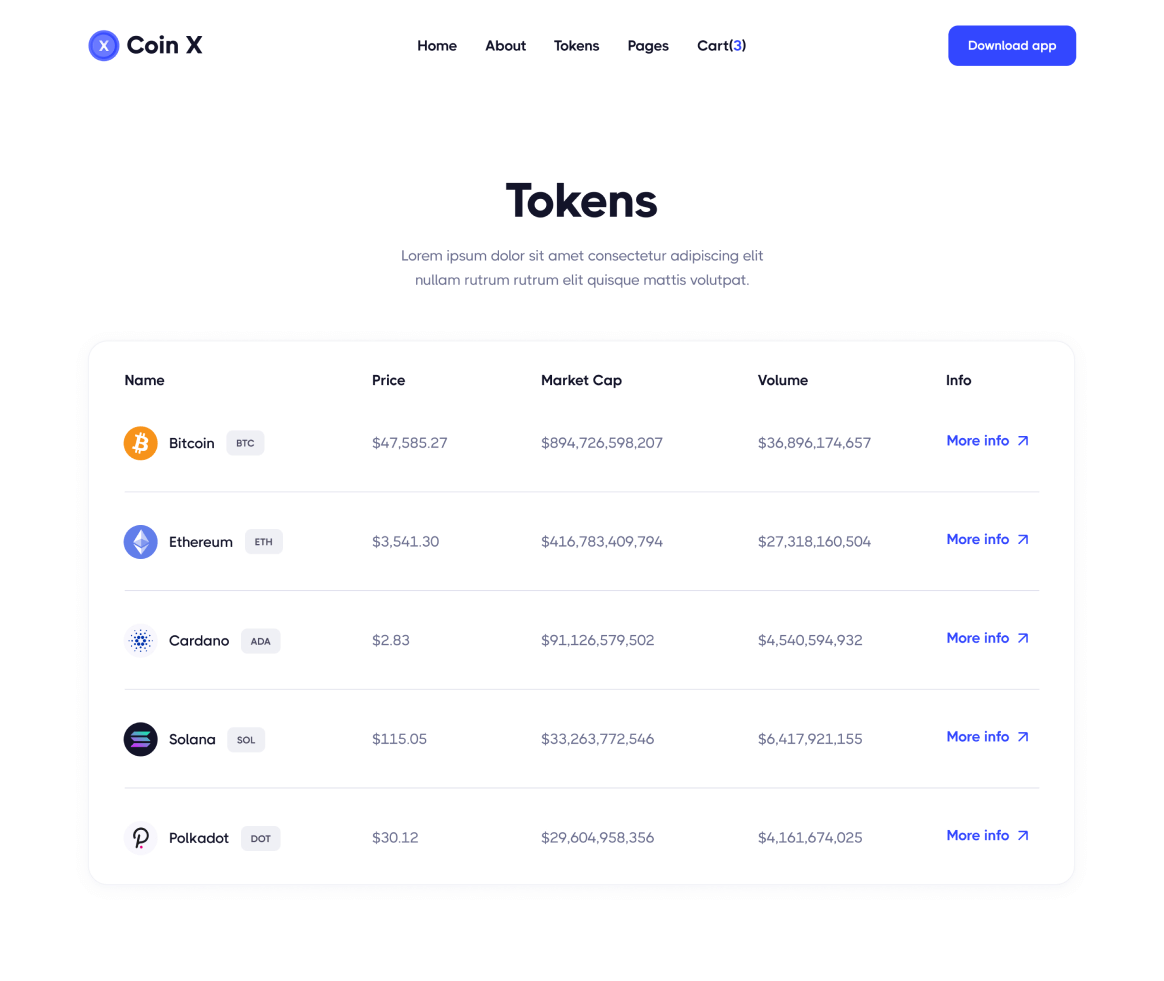 Coin X - Tokens page - Crypto Startup Webflow Template