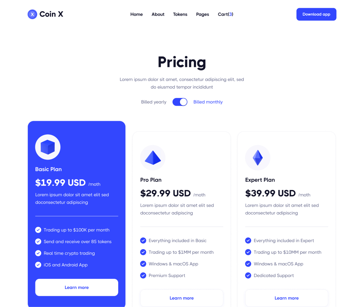 Coin X - Pricing page - Crypto Startup Webflow Template