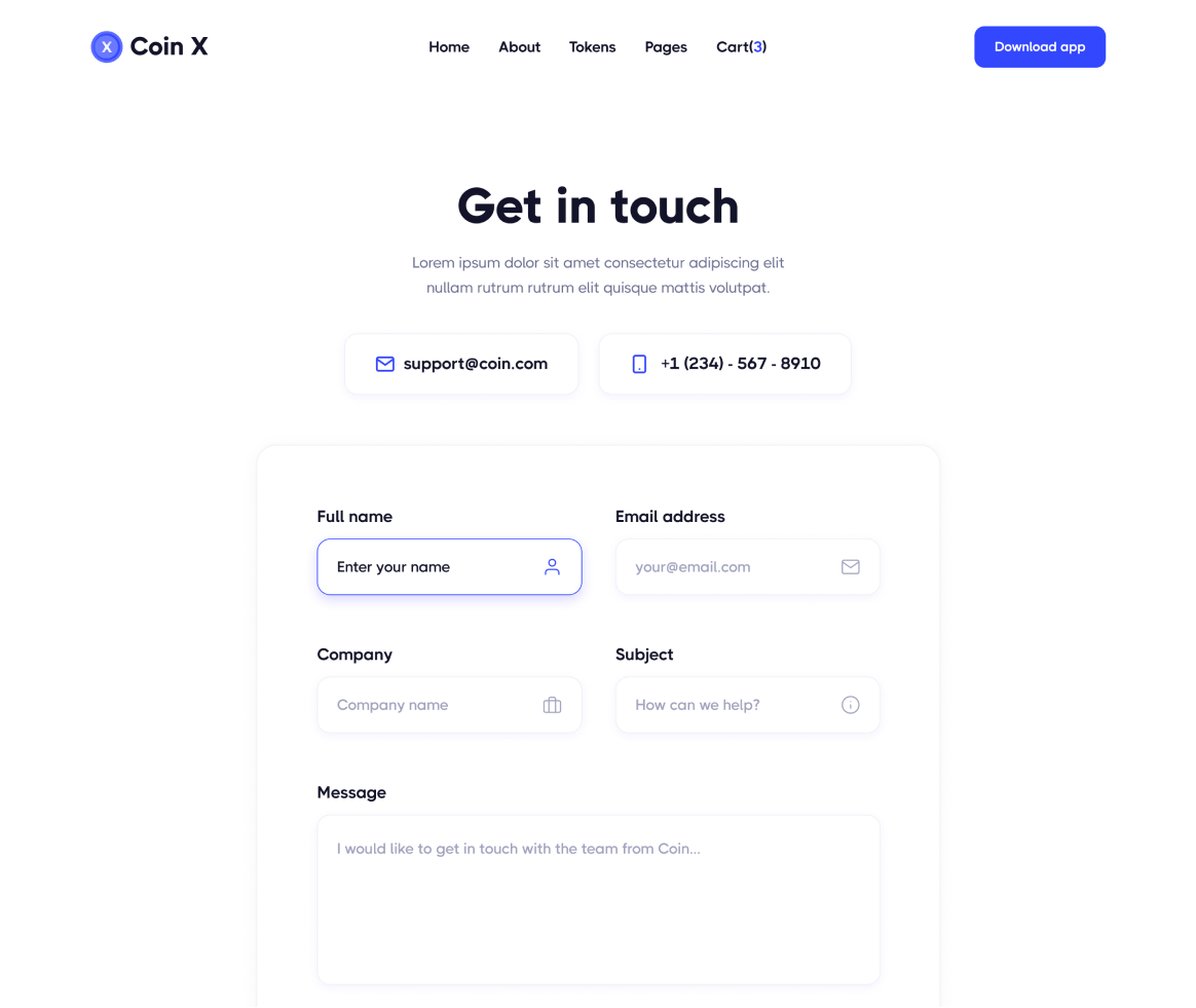Coin X - Contact page - Crypto Startup Webflow Template
