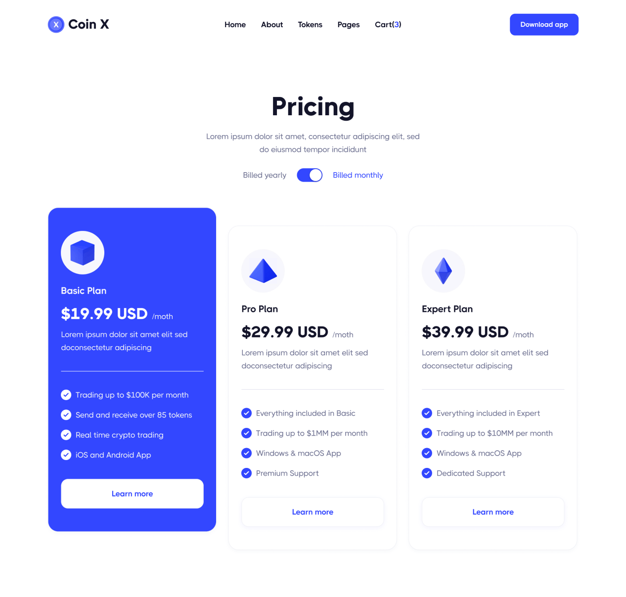 Coin X - Pricing page - Crypto Startup Webflow Template