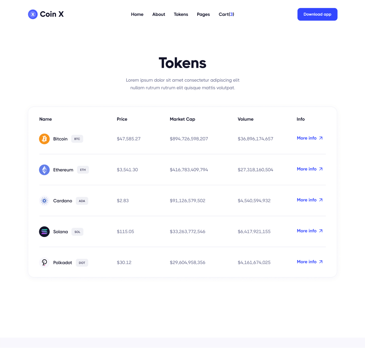 Coin X - Tokens page - Crypto Startup Webflow Template