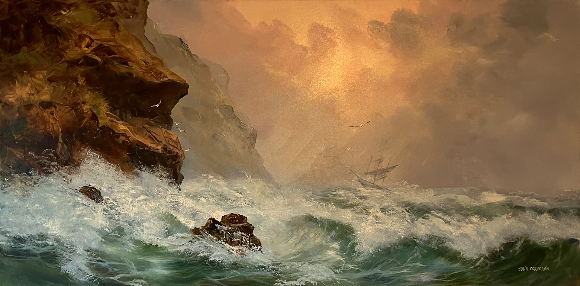Original oil painting of a stormy sea and steep cliff edges, with dramatic sky and ship rocking on the waves.