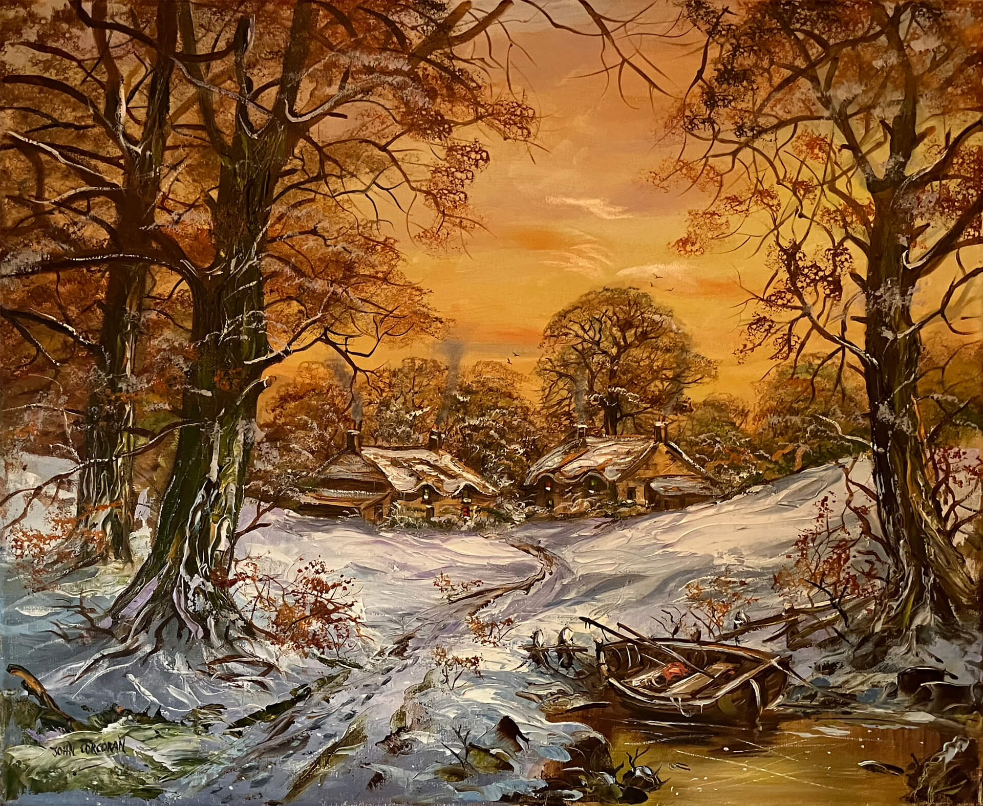 Original oil painting of a snowy winter village at sunset, with snow-covered cottages, tall bare trees, and a wooden boat by a stream.