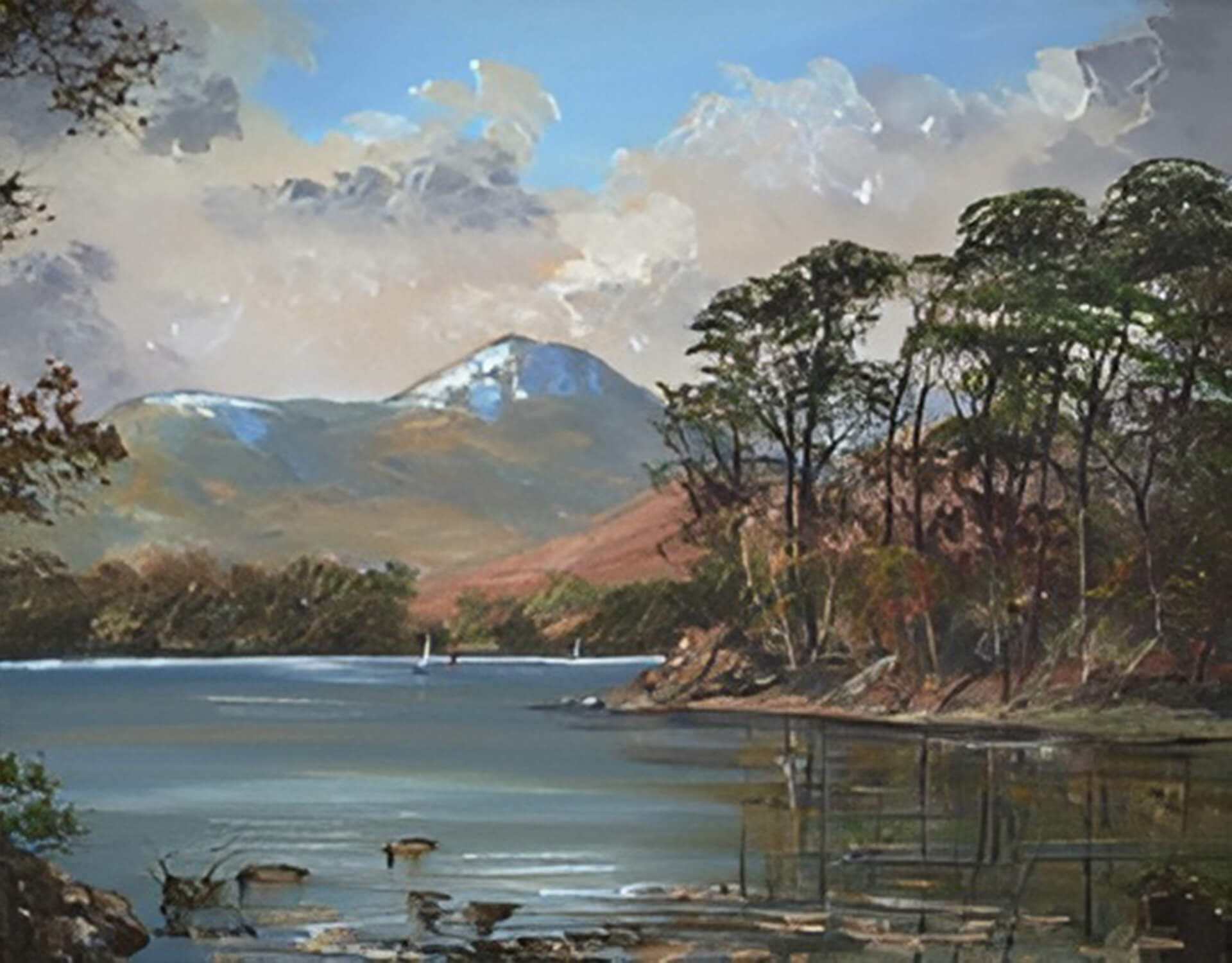 Oil painting depicting a calm and serene body of water, lined with trees to the left, against a slightly cloudy but bright sky.