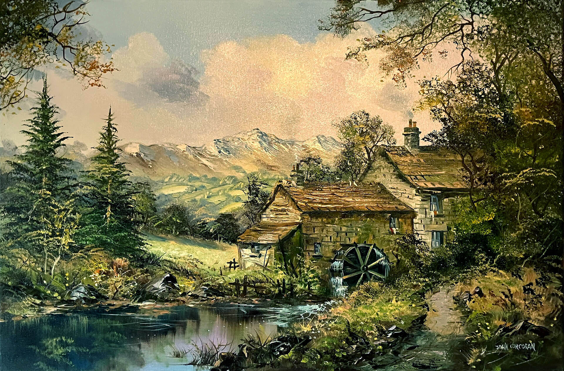 Original oil painting depicting an old water mill in the countryside, set against a backdrop of snow topped mountains, with a river running alongside.
