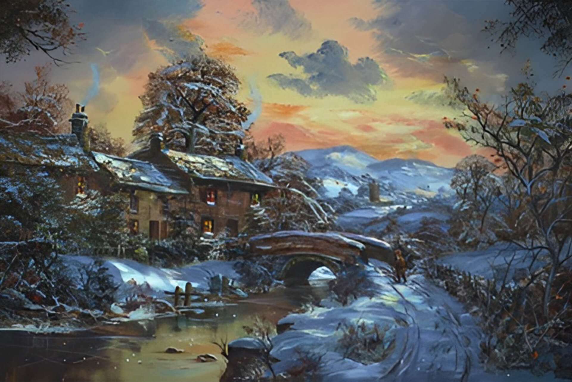 A wintry scene depicting a house with light on alongside a river. There is a man about to cross the bridge over the river.