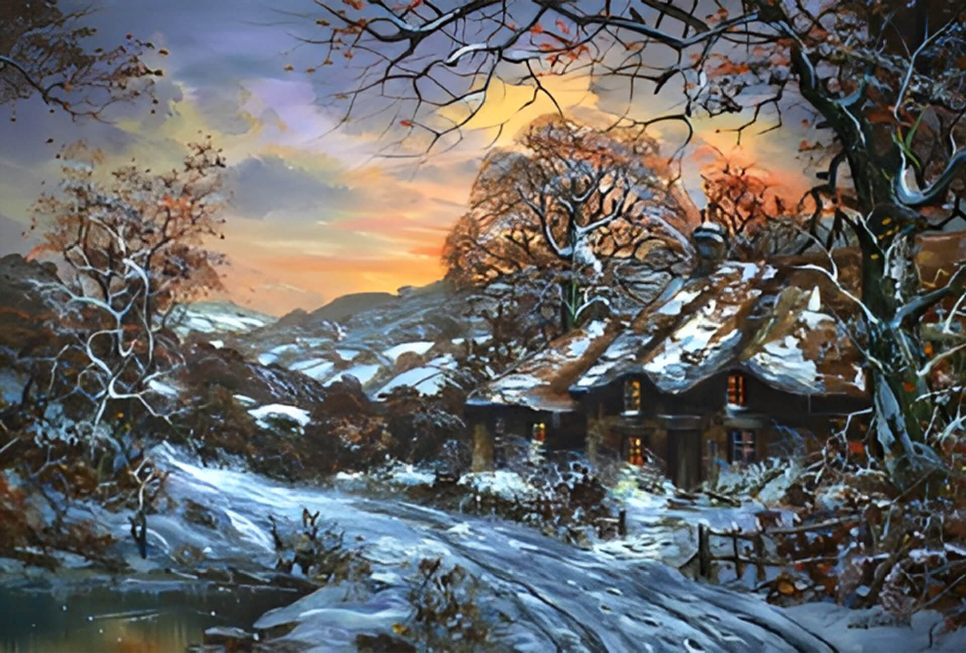 Oil painting of a row of cottages lining a road in a wintry scene.