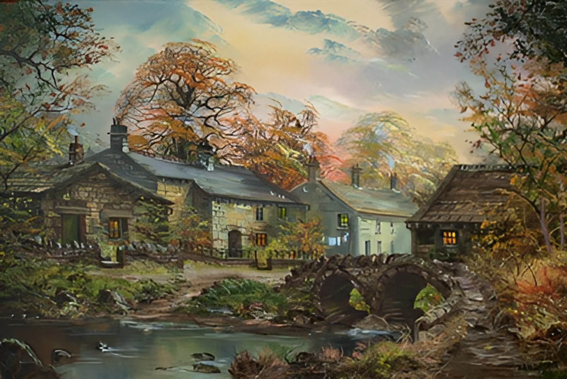 Oil painting of cottages with a bridge over the river in the foreground.