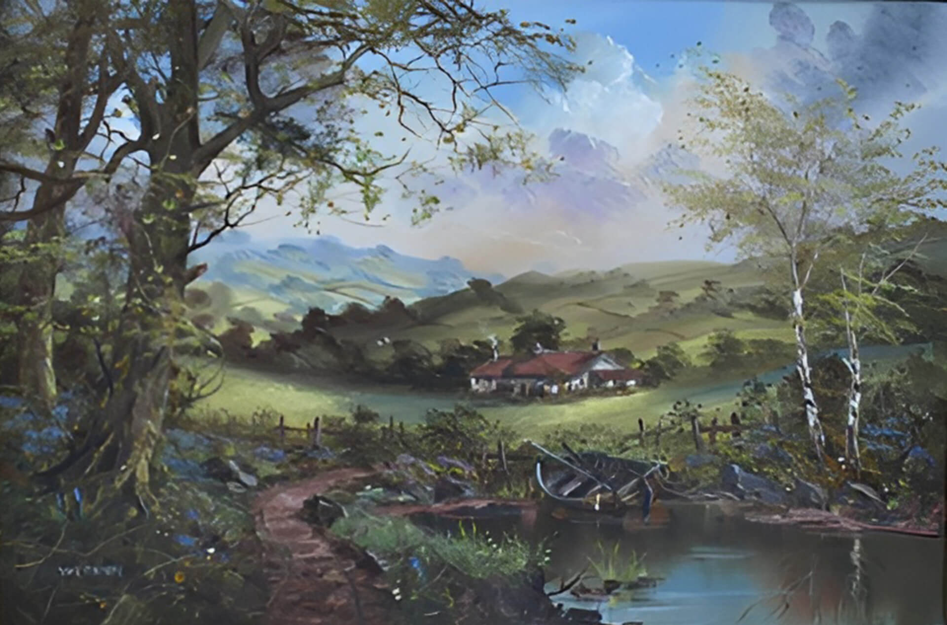 Countryside scene depicting a river in the foreground with a moored boat. In the background a cottage sits nestled in the hills set against the backdrop of a blue sky.