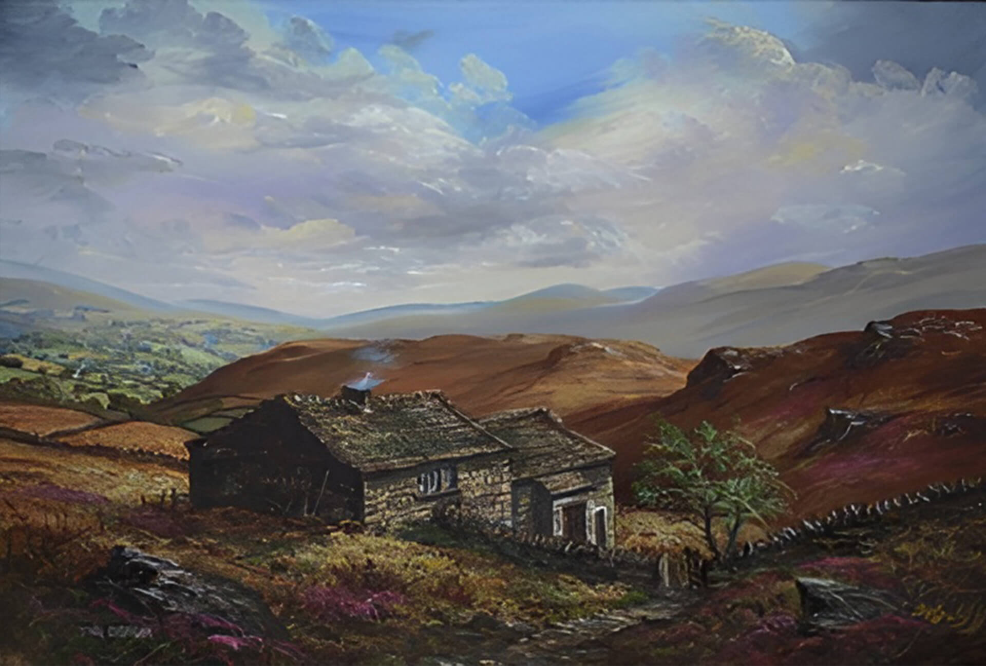 A cottage in the hills, with autumnal setting of orange, brown and green tones.