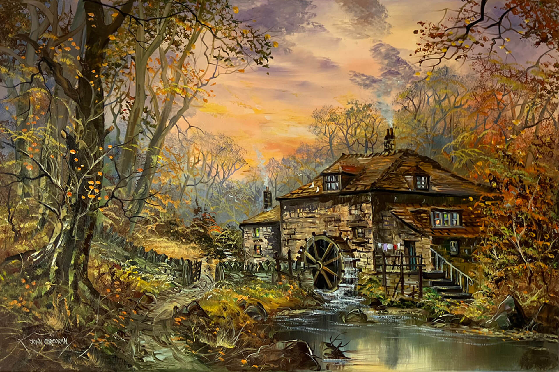 Original oil painting of a picturesque water mill surrounded by trees, with a stream flowing peacefully in the foreground.