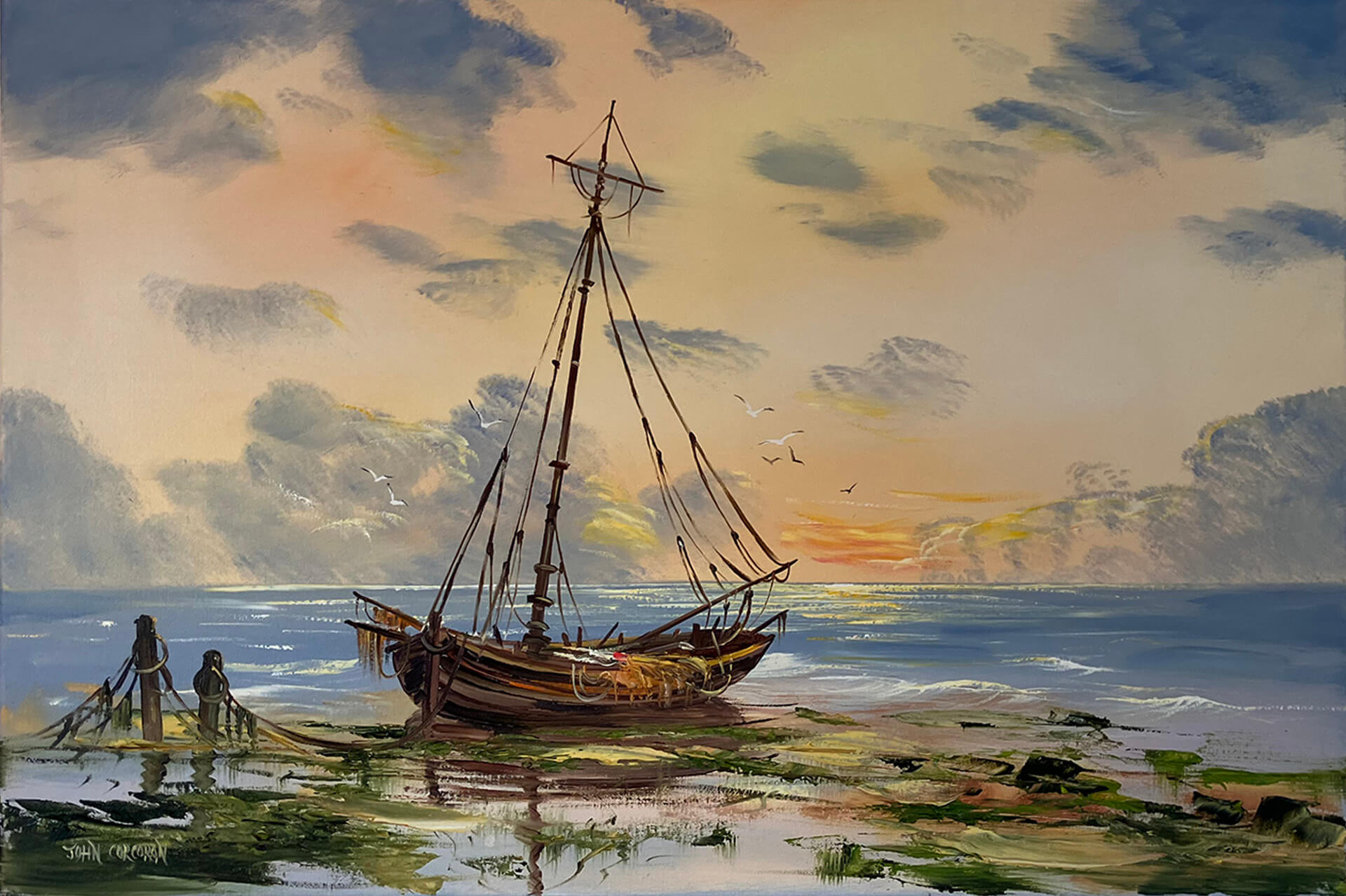 Original oil painting of a tranquil scene featuring a small boat on a beach at sunset, under a colourful sky with gentle waves lapping at the shore.