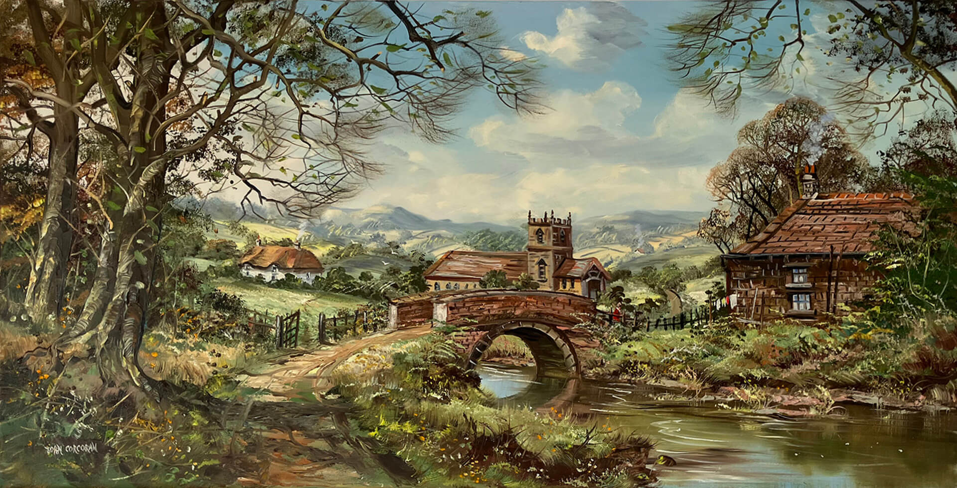 Original oil painting depicting a serene landscape of a traditional bridge over a river, surrounded by cottages and trees.