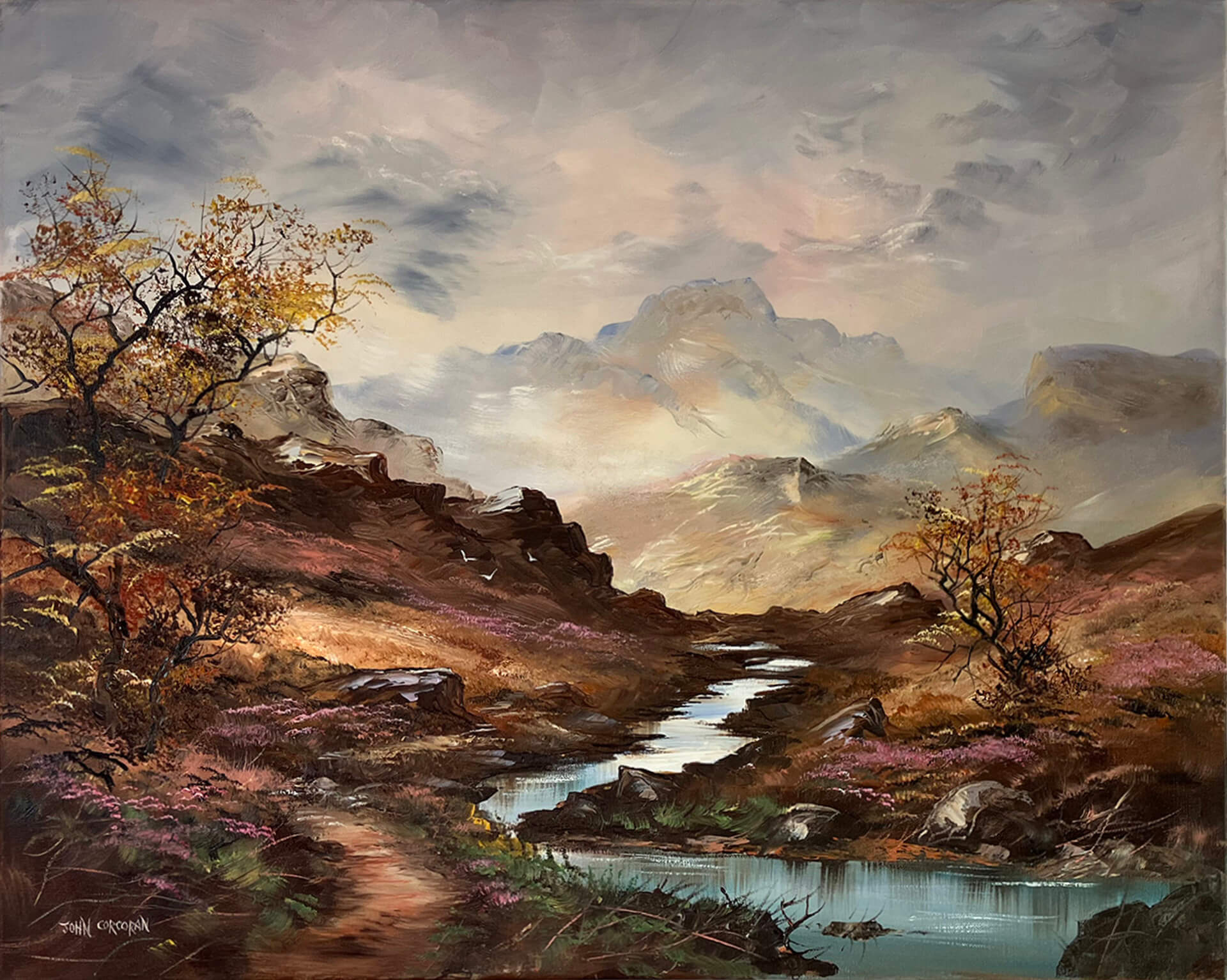 Original oil painting of a moorland scene, featuring heather covered hills, with scattered rocks along the water's edge.