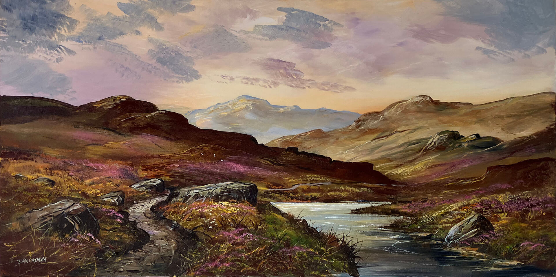 Original oil painting of a stream flowing amidst rugged, heather covered moorland hills.