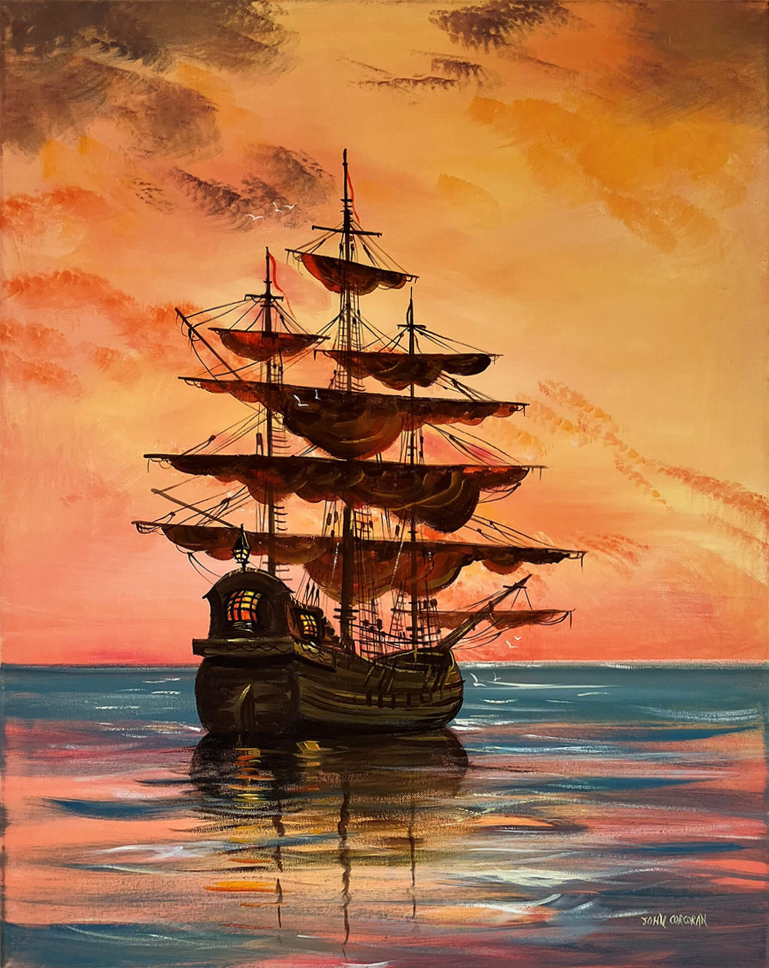 Original oil painting of a pirate ship sailing against a colorful sunset sky, casting reflections on the calm sea.