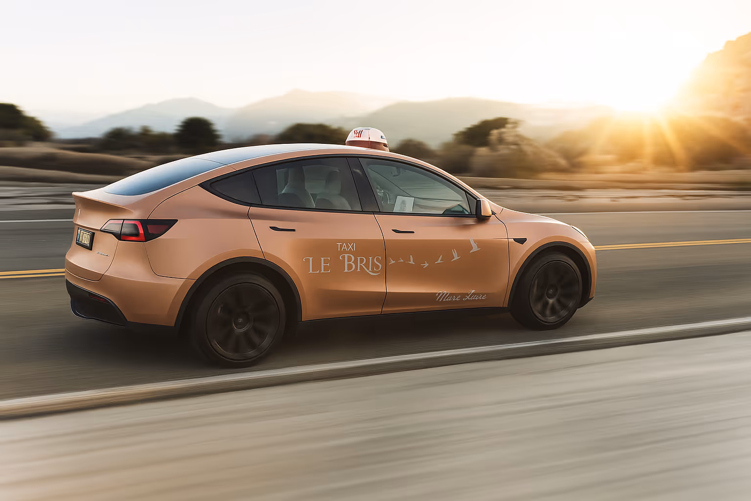 Taxi électrique Tesla roulant sur les routes de Roscoff