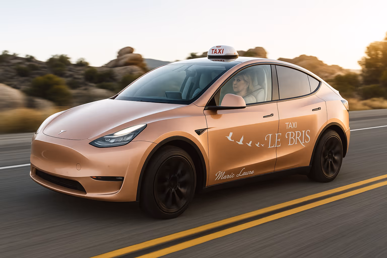 Taxi Tesla Model Y de Marie-Laure Le Bris en service à Roscoff