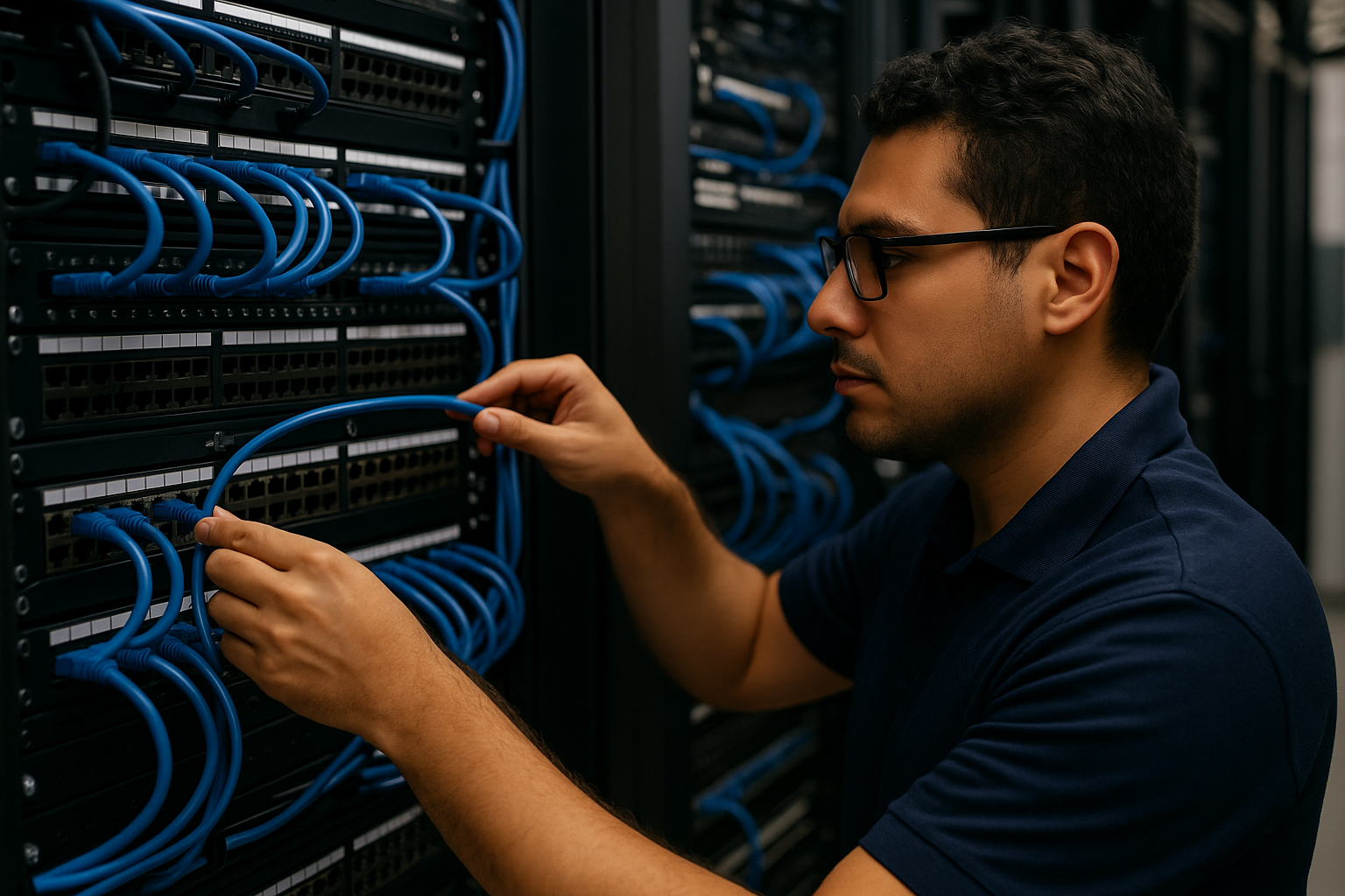 Network engineer working on a rack