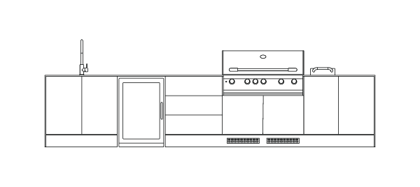 Line drawing of a kitchen counter with a sink and faucet on the left, a small refrigerator next to it, a stove with an oven in the center, and a suitcase on the right.