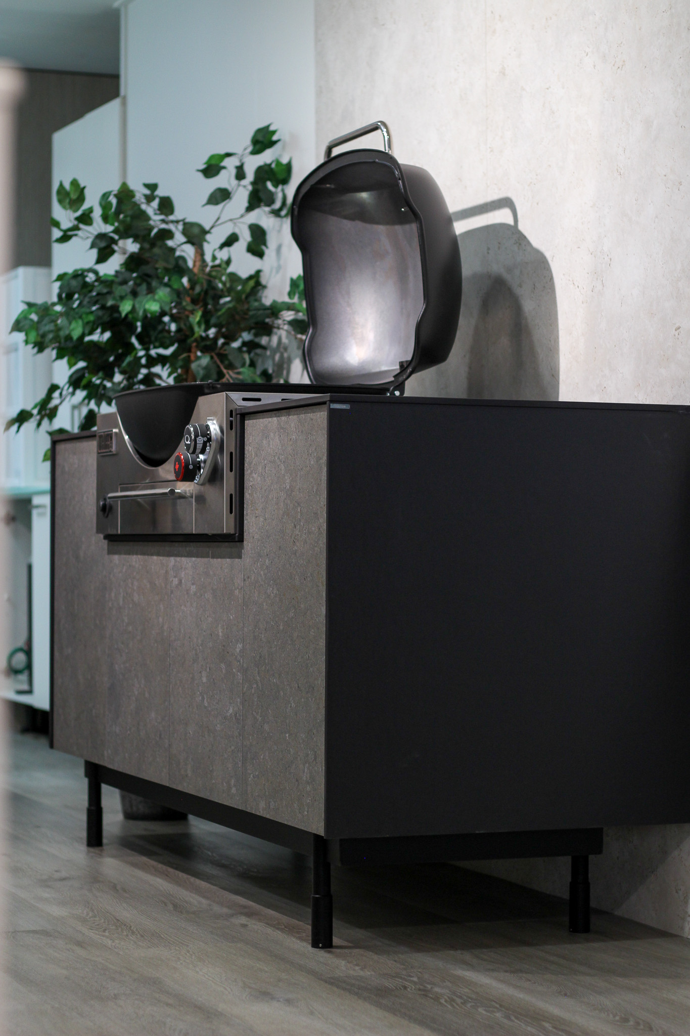 The Cubb By Wild Kitchens with a inbuilt Weber. Sirius Benchtop and Graphite Cabinet fronts
