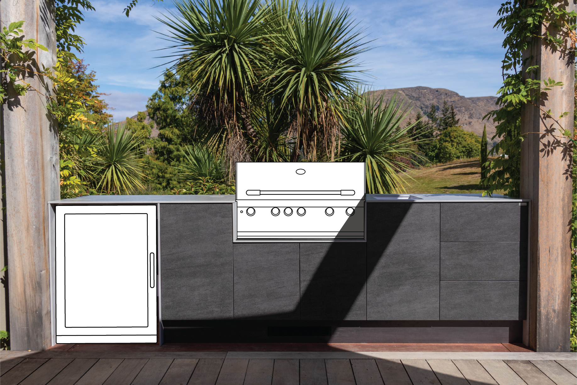 Modern outdoor kitchen setup with a built-in BBQ grill and storage cabinets, surrounded by green plants and a mountain view.