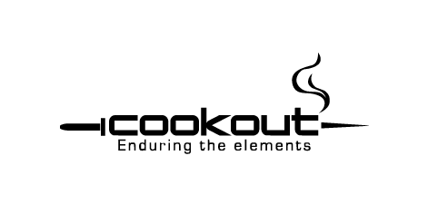 Cookout logo with the tagline 'Enduring the elements' and a skewer with steam rising above.