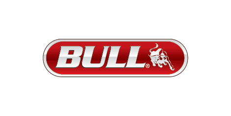 Bull brand logo with a stylized bull icon on a red rounded rectangle background.