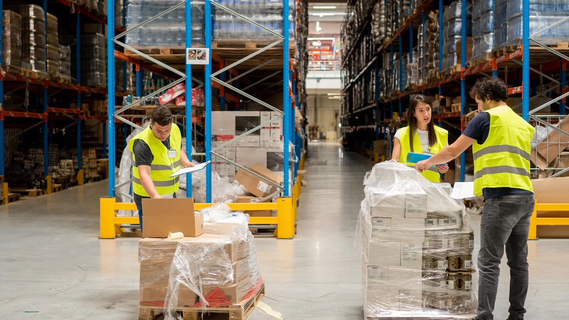 Four operators working in a logistics warehouse trying to resolve quality control issue due to inconsistent workflows