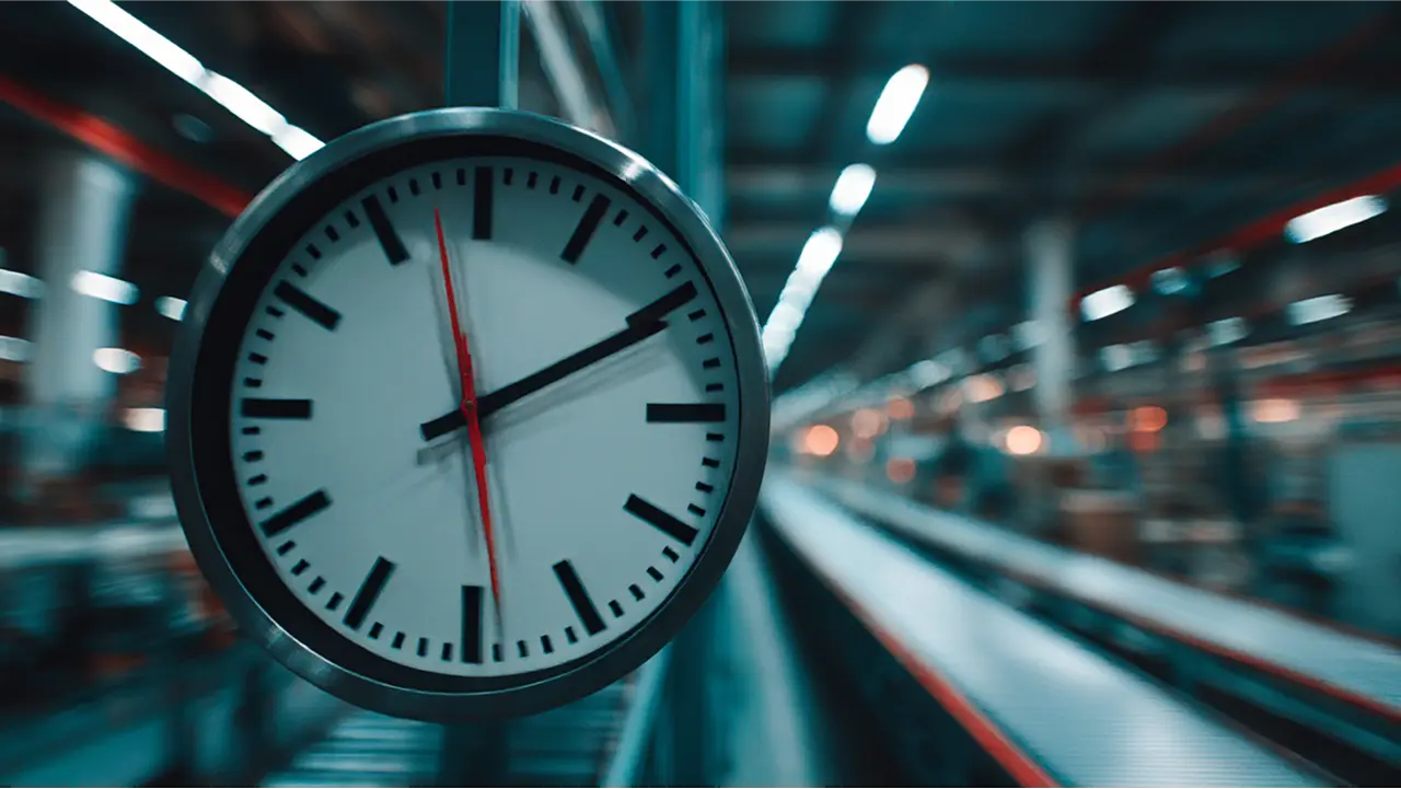Close up of a clock in an industrial manufacturing warehouse setting