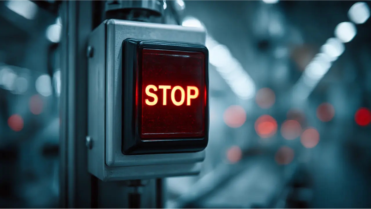Close up of an emergency stop button in a futuristic industrial manufacturing warehouse setting