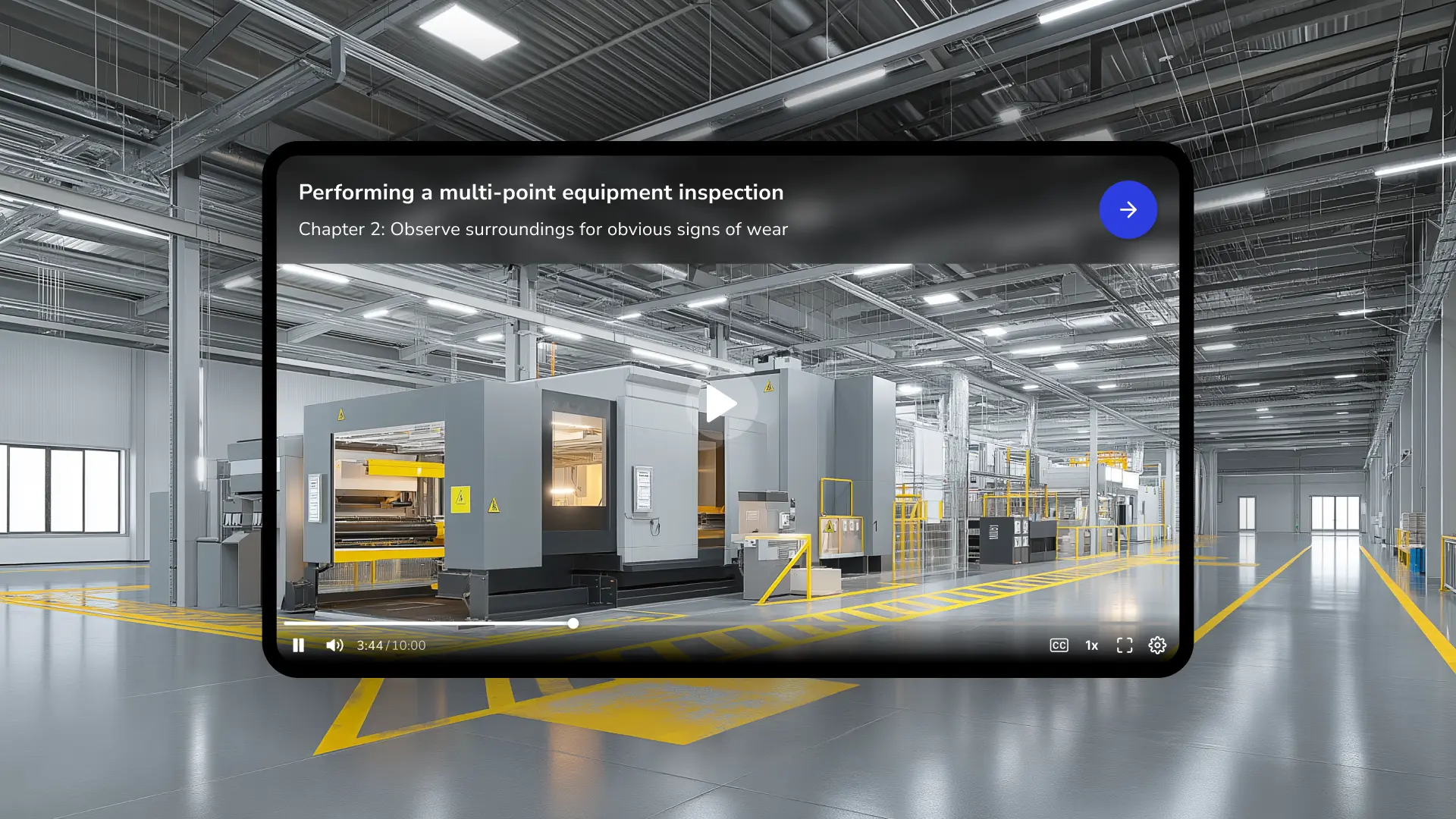 A tablet displays a video of a factory assembly line. A conveyor belt moves boxes, and a robotic arm with a vision sensor is positioned above the line. The tablet screen shows text overlay stating "Troubleshooting quality control vision sensors" and "Chapter 2: Determine if the vision sensor object recognition is malfunctioning".  A forward arrow is visible on the top right of the tablet screen.  The video shows the interior of a factory, with various machinery, conveyor systems, and boxes being processed. The scene is well-lit and appears to be a training video or tutorial on troubleshooting vision sensors in factory automation settings.
