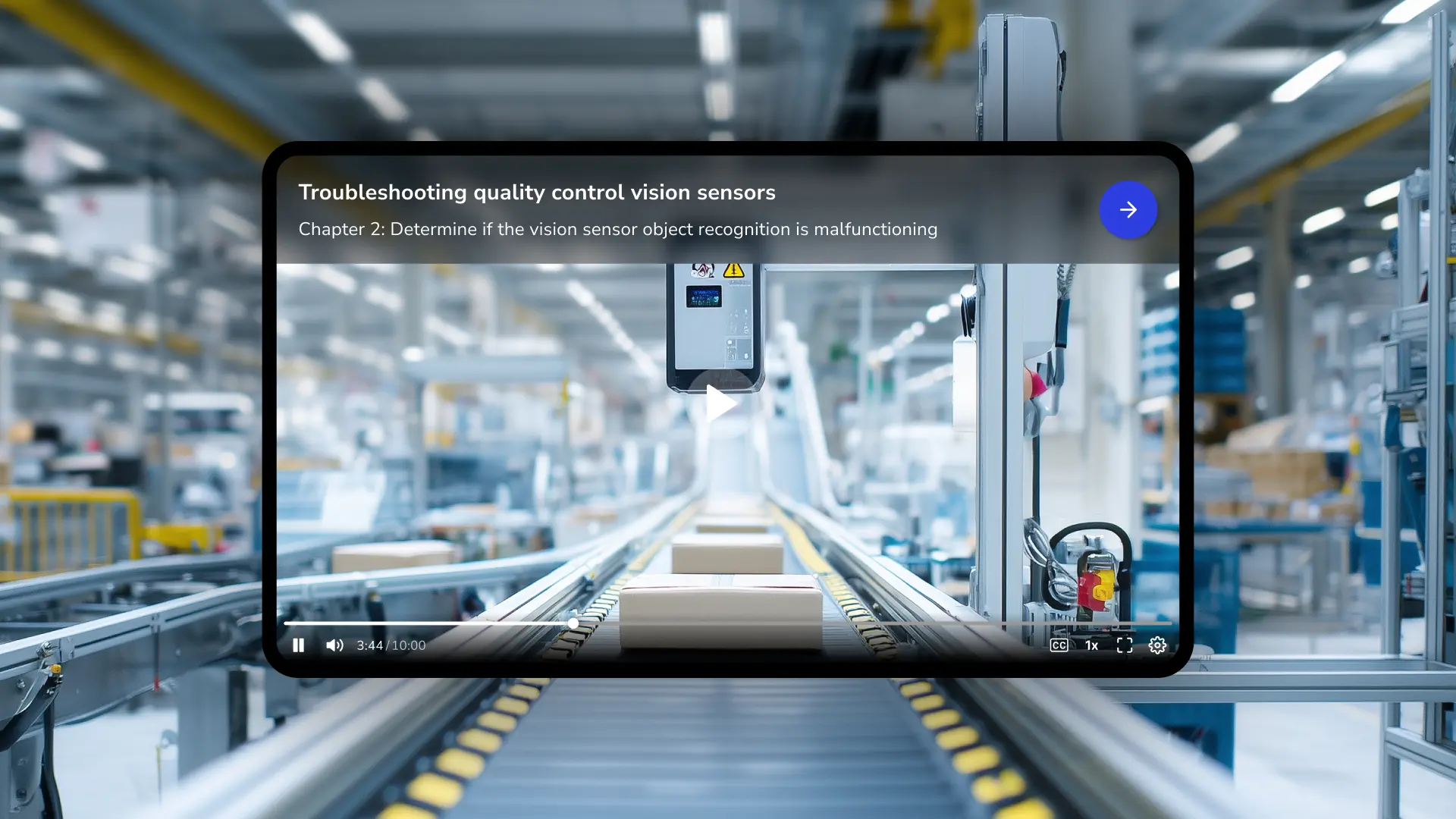A tablet displays a video of a production line in a factory. The video shows a conveyor belt with boxes moving along it. A robotic arm or machine is positioned over the belt, likely for quality control purposes. 

A title at the top of the tablet screen reads: "Troubleshooting quality control vision sensors" and a subtitle below it says, "Chapter 2: Determine if the vision sensor object recognition is malfunctioning". 

The image appears to be part of a tutorial or instructional video for troubleshooting in a manufacturing setting. A forward-facing arrow button is also visible on the screen.