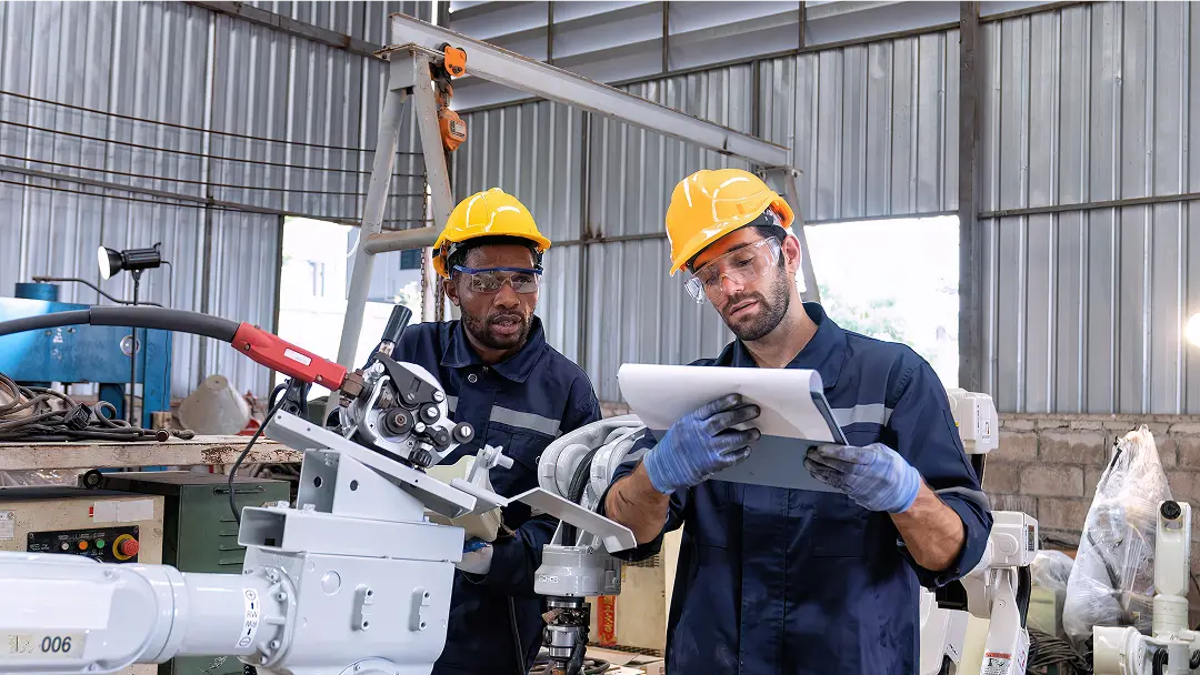 Confused new hires in manufacturing warehouse struggling to repair mechanical equipment with outdated paper SOP