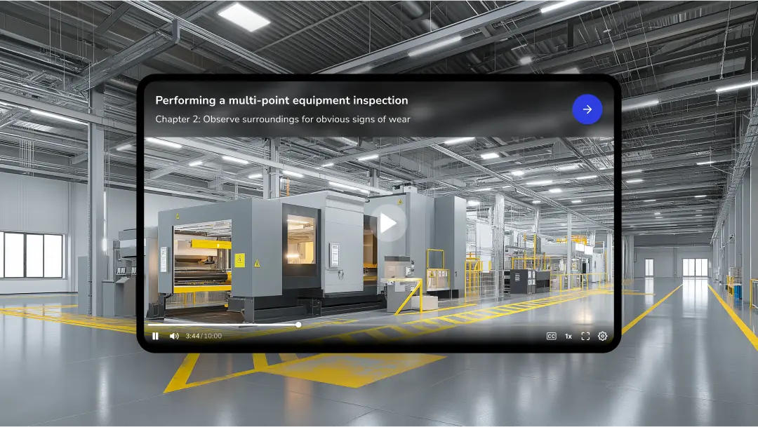 A tablet displays a video of a factory assembly line. A conveyor belt moves boxes, and a robotic arm with a vision sensor is positioned above the line. The tablet screen shows text overlay stating "Troubleshooting quality control vision sensors" and "Chapter 2: Determine if the vision sensor object recognition is malfunctioning". A forward arrow is visible on the top right of the tablet screen. The video shows the interior of a factory, with various machinery, conveyor systems, and boxes being processed. The scene is well-lit and appears to be a training video or tutorial on troubleshooting vision sensors in factory automation settings.
