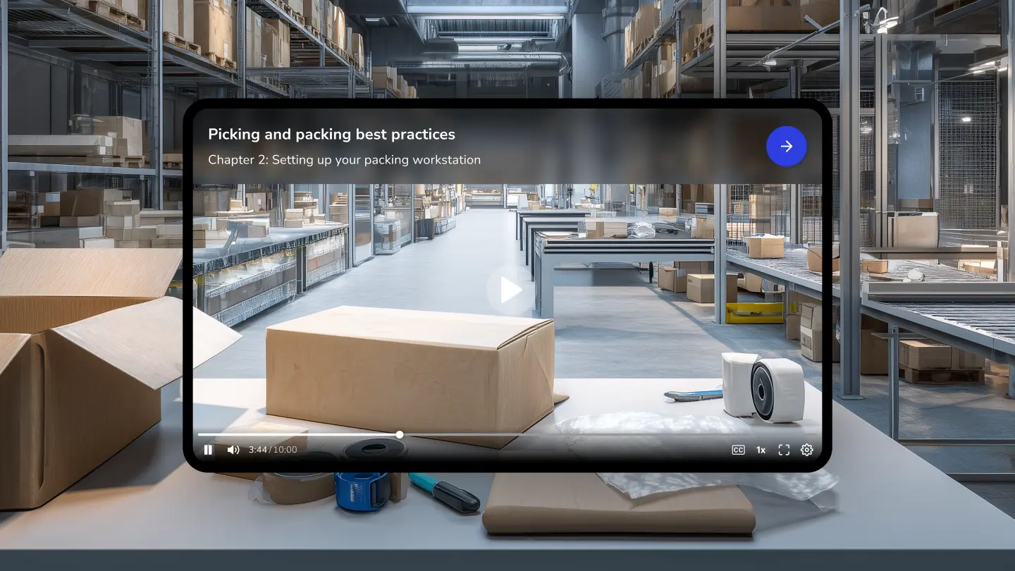 A tablet screen shows a video of a large warehouse. The video displays a section of the warehouse with rows of shelves, conveyor belts, and various materials, including cardboard boxes.
A cardboard box is prominently featured within the display area, in front of the camera.
The video's title bar displays the text "Picking and packing best practices, Chapter 2: Setting up your packing workstation".
On the screen beside the video are video controls. A circular play button and other controls, such as forward and backward buttons, are visible below the video.
The tablet/device is sitting on a surface with packing materials like cardboard and plastic wrap. Accessories like tape and markers are also visible on the packing materials.
