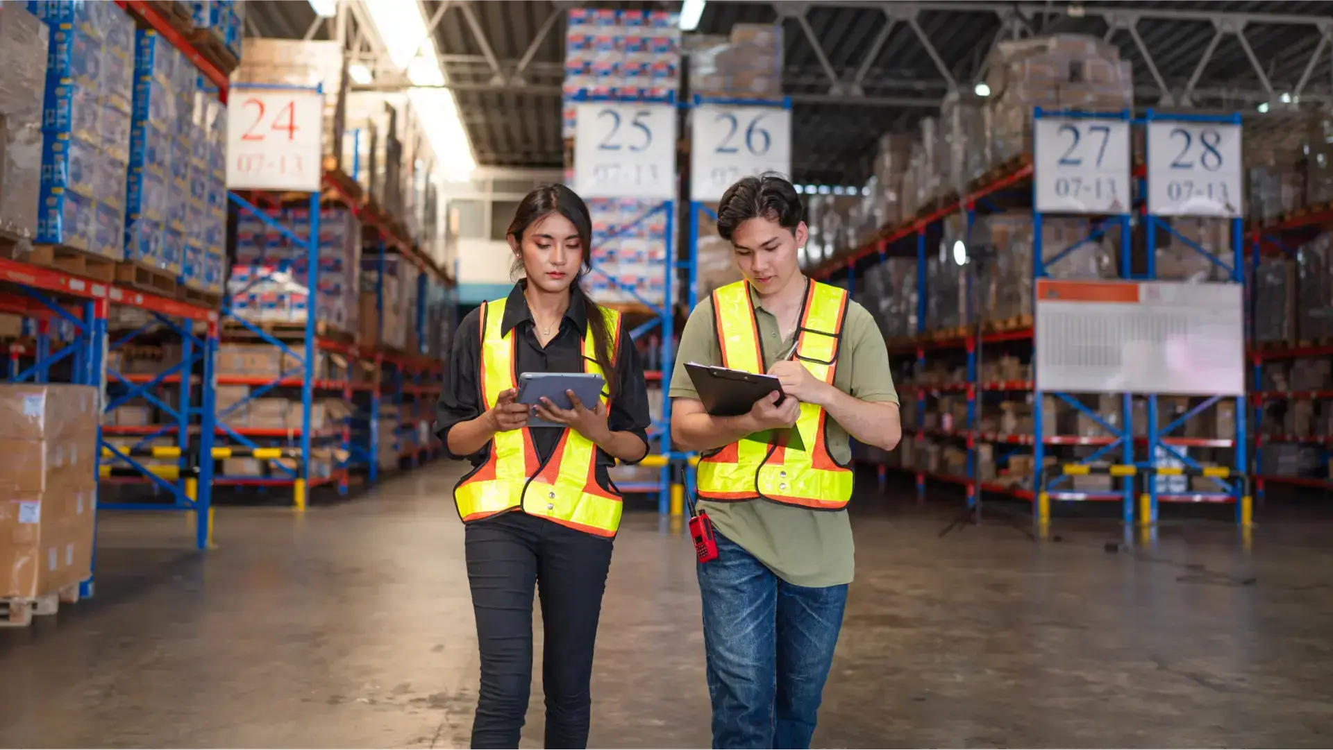 two frontline workers in a warehouse
