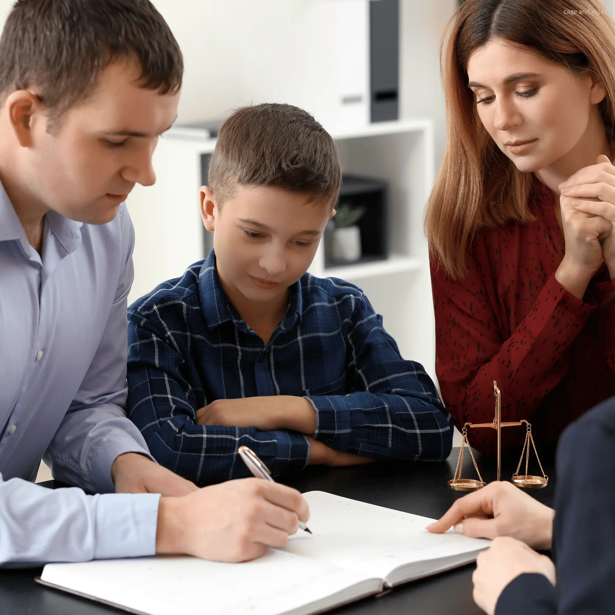 Parents and child reviewing a visitation agreement during a California child custody modification process