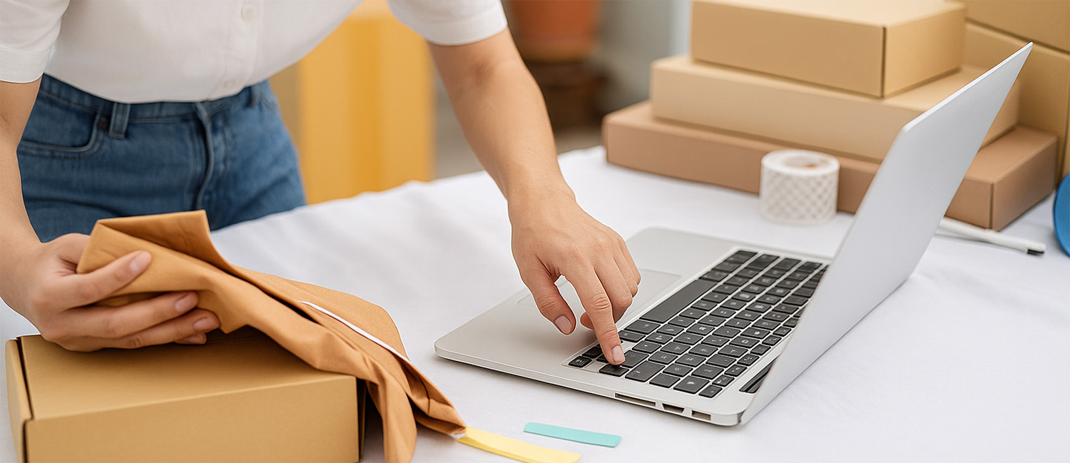 E-commerce business owner packing clothing into a shipping box while using a laptop, surrounded by cardboard boxes and packaging supplies on a white table.