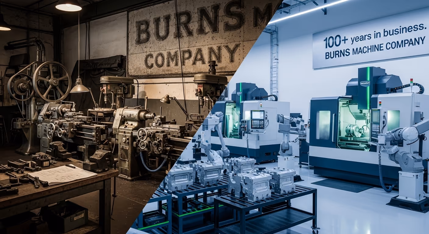 Side by side comparison of Burns Machine Company shop when they started and now.