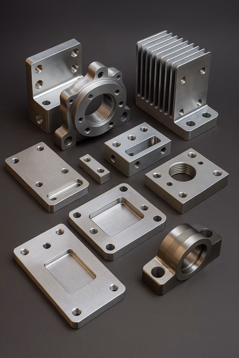 CNC machined aluminum and steel components with drilled holes and precision surfaces by Burns Machine Company.