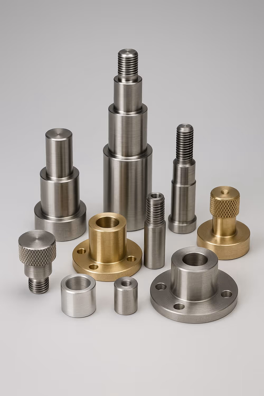 Assorted precision CNC machined parts in steel, aluminum, and brass manufactured by Burns Machine Company.