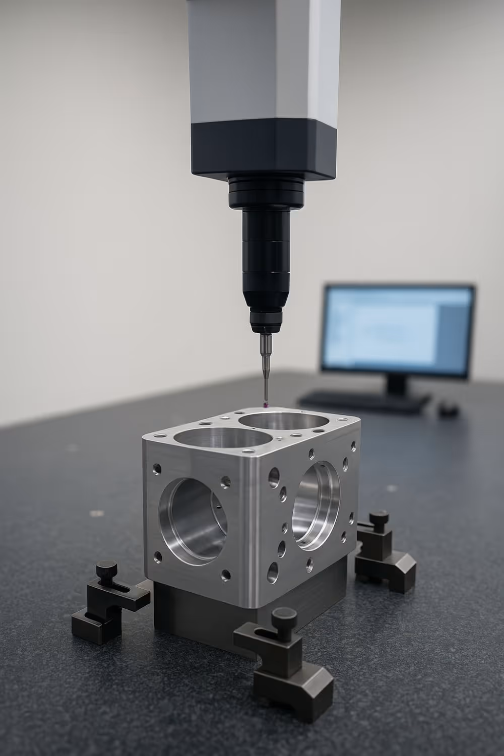 Coordinate measuring machine (CMM) inspecting precision CNC machined part at Burns Machine Company.