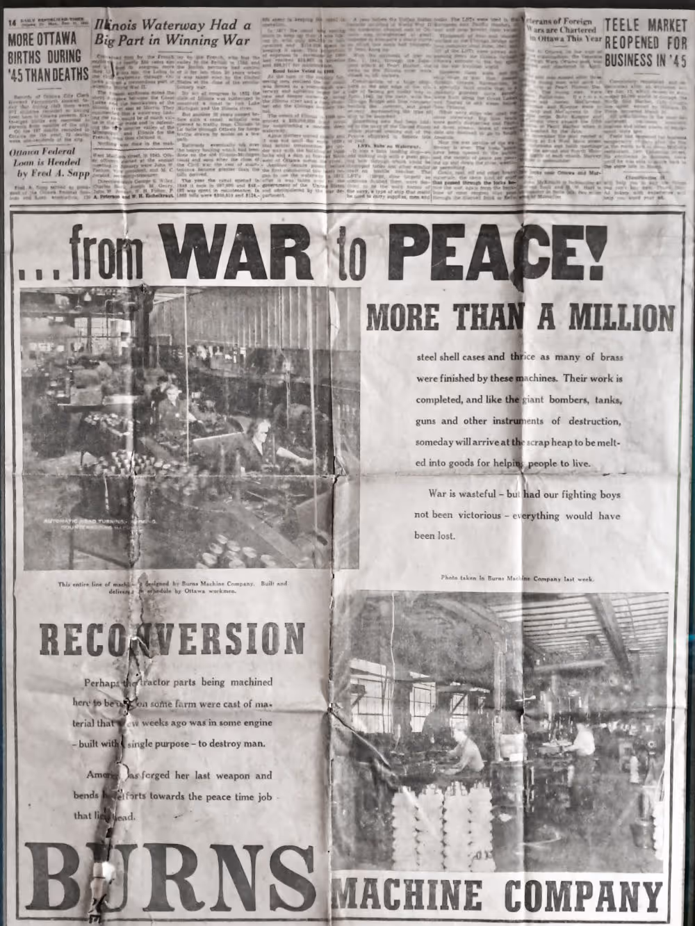 1945 newspaper showing Burns Machine Company’s role in wartime production and post-war reconversion.