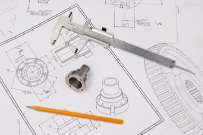 Engineering caliper, machined part, and pencil on technical blueprints at Burns Machine Company.