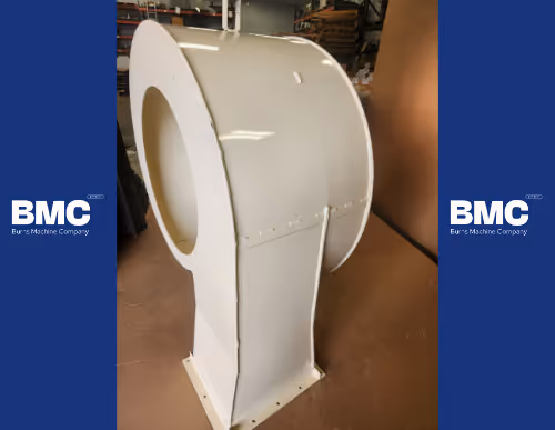Side view of CNC machined and fabricated blower housing manufactured by Burns Machine Company (BMC).