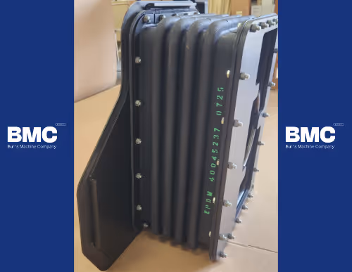 Side view of ribbed CNC machined Roots blower housing by Burns Machine Company (BMC).