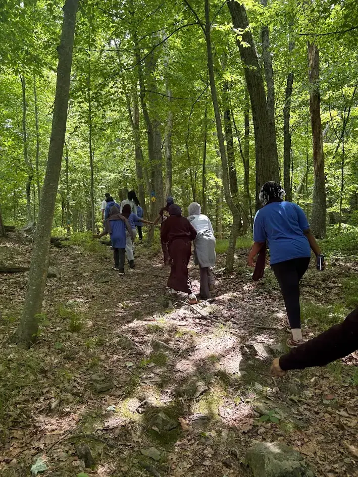Students and adults hiking together along a wooded nature trail